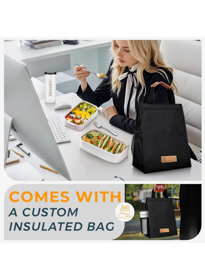 أداندو صندوق غداء أداندو من الفولاذ المقاوم للصدأ - 1400 مل، صندوق بينتو مزدوج الطبقات آمن للاستخدام في الميكروويف - صندوق تيفين 304 مانع للتسرب - صندوق غداء ترمس معزول حراريًا وقابل للفصل - للبالغين والطلاب والمكاتب والمدرسة - مع حقيبة حرارية وأدوات مائدة - Image 2